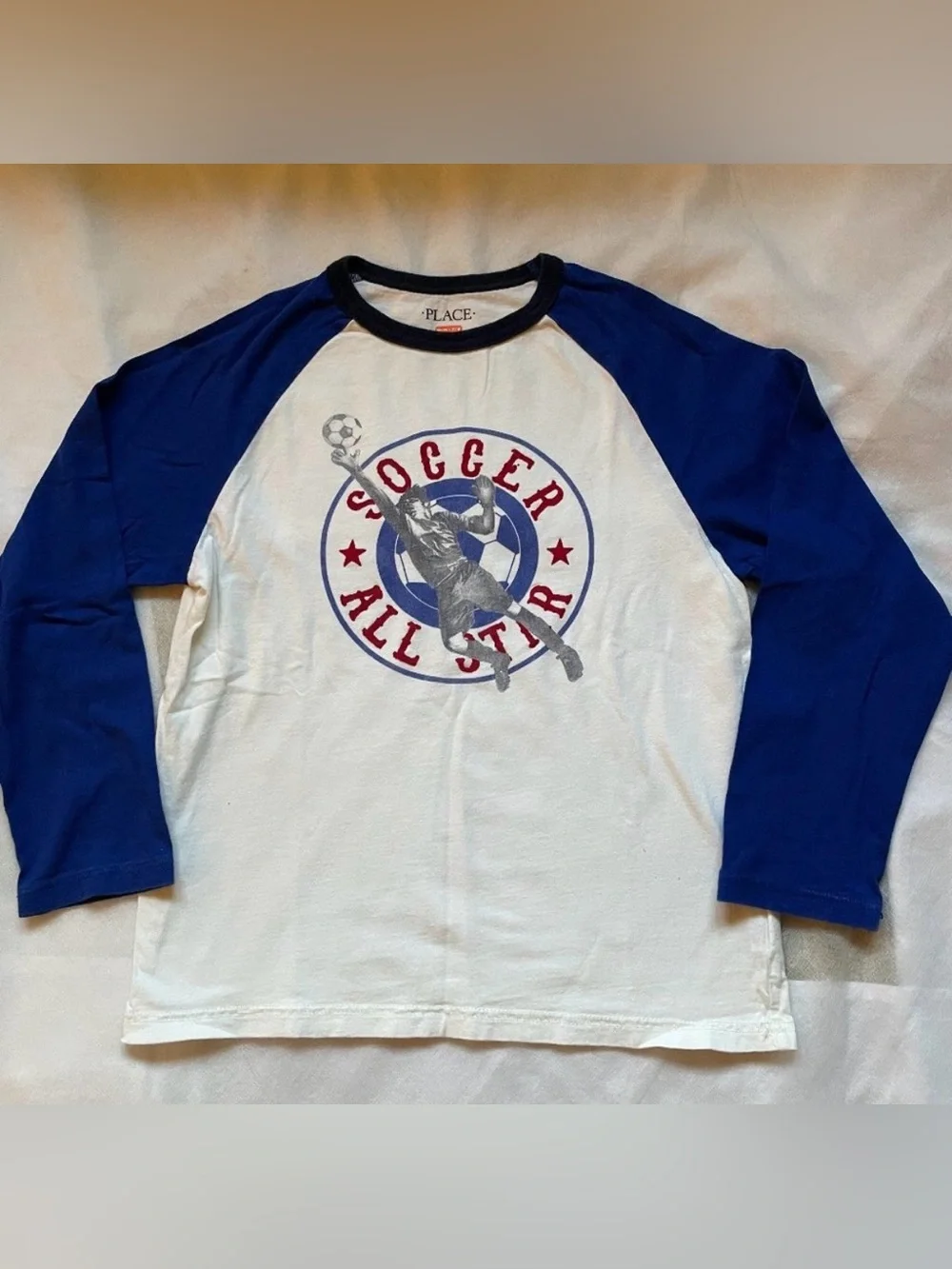 Children’s Place Boys sz 5/6 Soccer All Star Raglan Long Sleeve Shirt Blue White